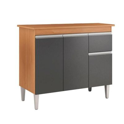 Balcão De Cozinha Tatiane 100cm 3 Portas 1 Gaveta Com Tampo Amêndoa/Preto