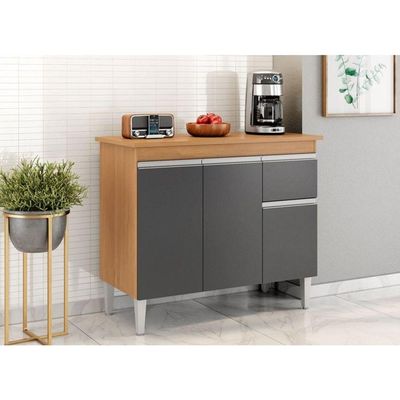 Balcão De Cozinha Tatiane 100cm 3 Portas 1 Gaveta Com Tampo Amêndoa/Preto