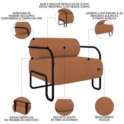 Poltrona Decorativa Para Sala Industrial Kira K04 Bouclê Terracota - Mpozenato