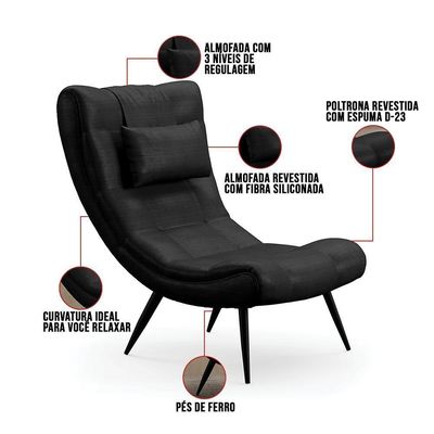Poltrona Decorativa Para Sala De Estar Com Almofada E Pés Palito Lord Facto Dunas Preto - Ibiza
