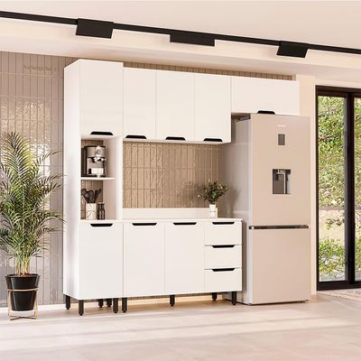 Cozinha Completa com Tampo Meena 8 Portas 3 Gavetas Branca