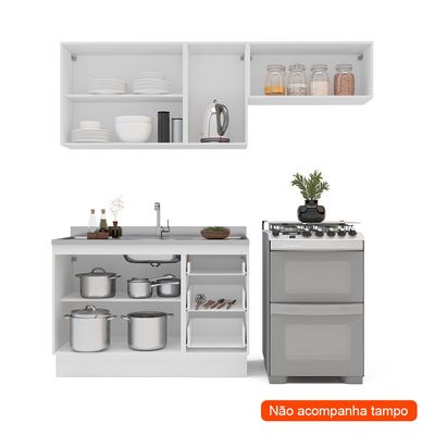 Cozinha Compacta sem Tampo com Rodapé Meena 6 Portas 3 Gavetas Creme e Branca