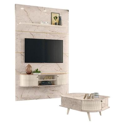 Estante Home Theater Com Bancada Suspensa Monte Carlo Com Mesa De Centro Indianápolis Calacata Off White – Madetec