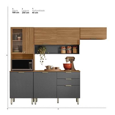 Cozinha Compacta Demóbile Aspen com Balcão, 8 Portas, 2 Gavetas e 3 Prateleiras 250cm de Largura Amêndola com Grafite