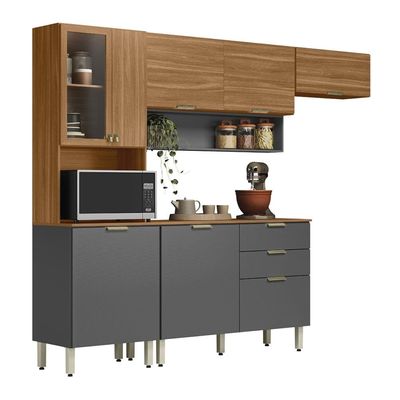 Cozinha Compacta Demóbile Aspen com Balcão, 8 Portas, 2 Gavetas e 3 Prateleiras 250cm de Largura Amêndola com Grafite