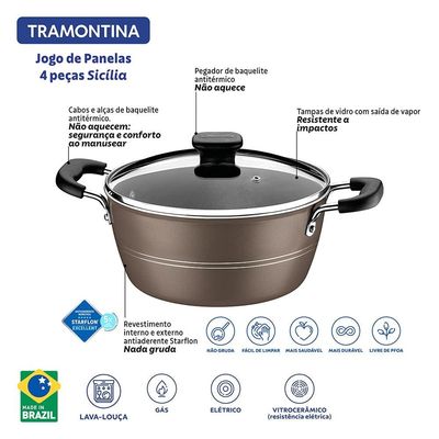 Jogo de Panelas Tramontina Sicília em Alumínio com Revestimento Interno e Externo Antiaderente Starflon Excellent 4 Peças Avelã