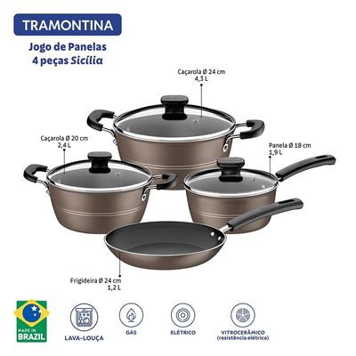 Jogo de Panelas Tramontina Sicília em Alumínio com Revestimento Interno e Externo Antiaderente Starflon Excellent 4 Peças Avelã