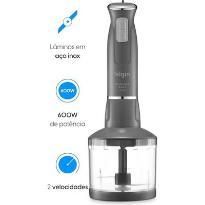 Mixer de Alimentos Cinza Lunar Inox 600W 3 em 1 Copo 700ml Elgin 110V