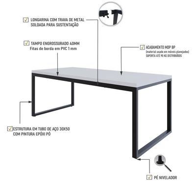 Mesa De Jantar Yon 200 X 90 X 76 Cm Branco Tx/est.preta Branco Tx/est.preta
