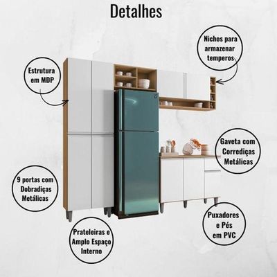Cozinha Modulada 2,30m Compacta Vanessa Com Balcão Branco Amêndoa/Branco