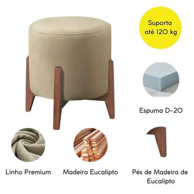 Kit 2 Puff Decorativo Para Sala Redondo Luxo Dallas Linho Bege