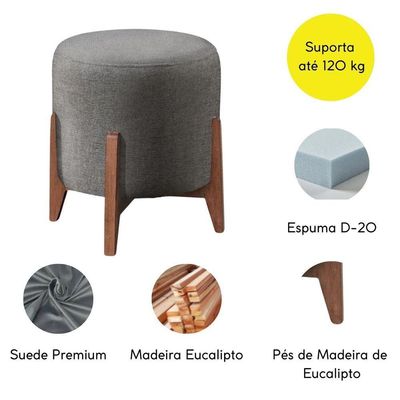 Kit 2 Puff Decorativo Para Sala Redondo Luxo Dallas Suede Cinza