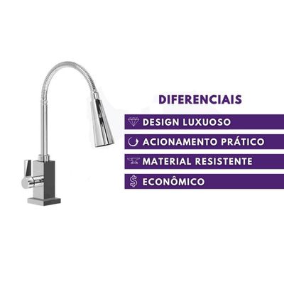 Torneira Gourmet De Cozinha Bancada Metal Flexível Quadrada 1-4 De Volta