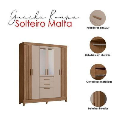 Guarda Roupa Solteiro Ambiente Malta 7 Portas Carvalho Fendi Com Espelho - Moval
