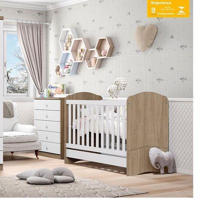 Berço Nacional Bala De Menta E Cômoda Infantil Pique-esconde Rústico Branco Com Colchão Ortobom – Henn