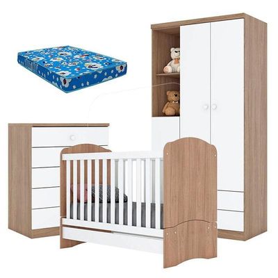 Quarto De Bebê Pique-esconde Com Berço Bala De Menta Rústico Branco E Colchão Ortobom - Henn