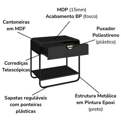Kit 02 Mesas De Cabeceira 1 Gaveta Organica 60 Cm 28061 Artesano Nero Preto