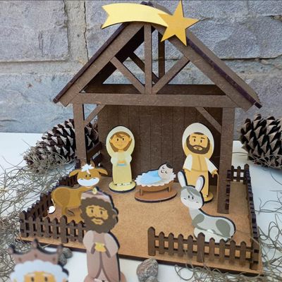 Presépio de Natal Pequeno em MDF 4mm Colorido 19x15x18cm Montável com Caixa