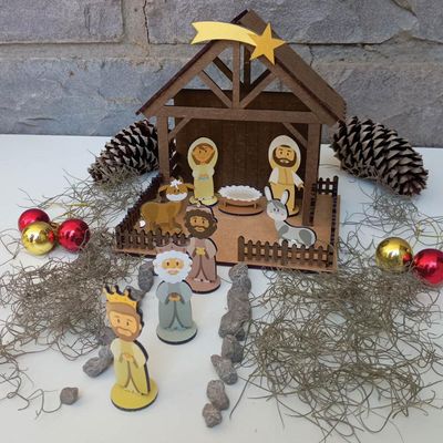 Presépio de Natal Pequeno em MDF 4mm Colorido 19x15x18cm Montável com Caixa