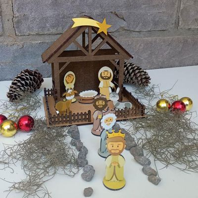 Presépio de Natal Pequeno em MDF 4mm Colorido 19x15x18cm Montável com Caixa