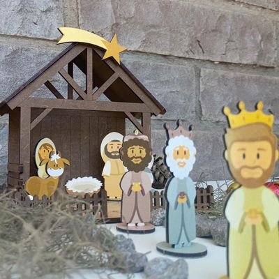 Presépio de Natal Pequeno em MDF 4mm Colorido 19x15x18cm Montável com Caixa