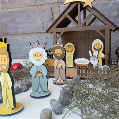 Presépio de Natal Pequeno em MDF 4mm Colorido 19x15x18cm Montável com Caixa