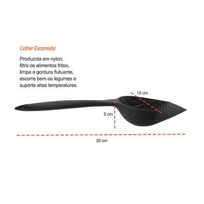 Colher Escorredor Multiuso Escumadeira Preto 30cm