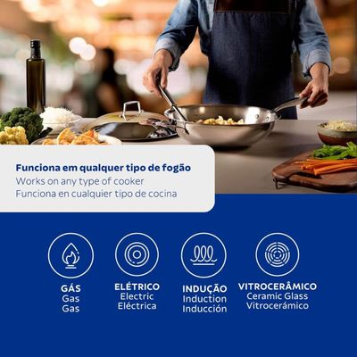 Panela Wok Tramontina Inox Fundo Triplo 32cm 5,2L Grano Frigideira Tampa Cabo