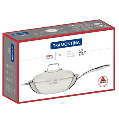 Panela Wok Tramontina Inox Fundo Triplo 32cm 5,2L Grano Frigideira Tampa Cabo