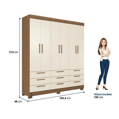 Guarda-Roupa Casal Santos Andirá Colombo com 6 Portas, 9 Gavetas e 4 Prateleiras 194,4cm de largura Jatobá com Areia