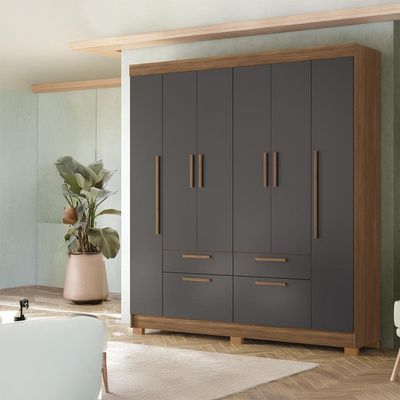 Guarda-Roupa Casal Santos Andirá Guarapuava com 6 Portas, 4 Gavetas e 6 Prateleiras 194,4cm de largura Jatobá com Grafite