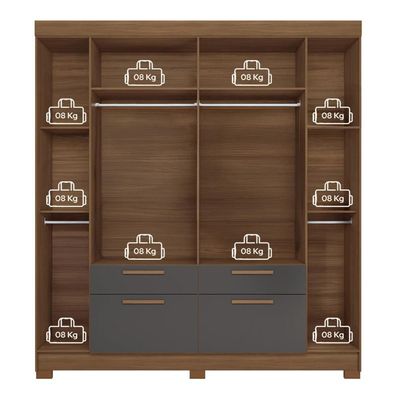 Guarda-Roupa Casal Santos Andirá Guarapuava com 6 Portas, 4 Gavetas e 6 Prateleiras 194,4cm de largura Jatobá com Grafite