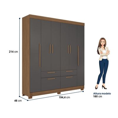 Guarda-Roupa Casal Santos Andirá Guarapuava com 6 Portas, 4 Gavetas e 6 Prateleiras 194,4cm de largura Jatobá com Grafite