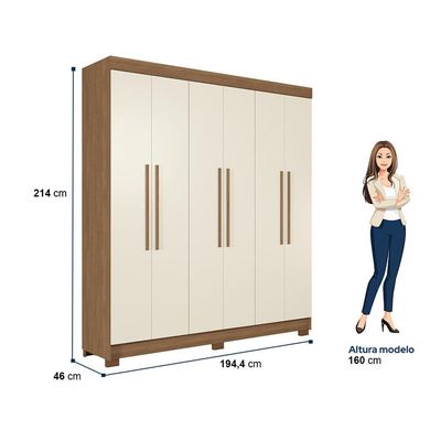 Guarda-Roupa Casal Santos Andirá Toledo com 6 Portas, 2 Gavetas e 5 Prateleiras 194,4cm de largura Jatobá com Areia