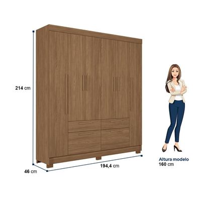Guarda-Roupa Casal Santos Andirá Guarapuava com 6 Portas, 4 Gavetas e 6 Prateleiras 194,4cm de largura Jatobá