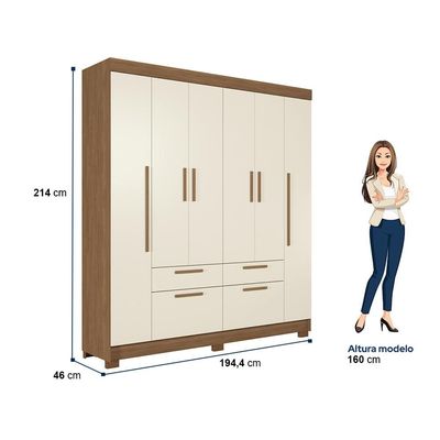 Guarda-Roupa Casal Santos Andirá Guarapuava com 6 Portas, 4 Gavetas e 6 Prateleiras 194,4cm de largura Jatobá com Areia