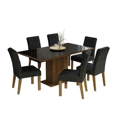 Conjunto Sala De Jantar Mesa Tampo De Vidro 6 Cadeiras Geórgia Madesa Rustic Preto Oxford