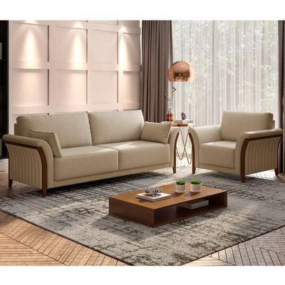 Kit Sofá 3 Lugares Sala Estar 222 Com Poltrona Stefan Pés Madeira M03 Linho Bege Escuro - Lyam Decor