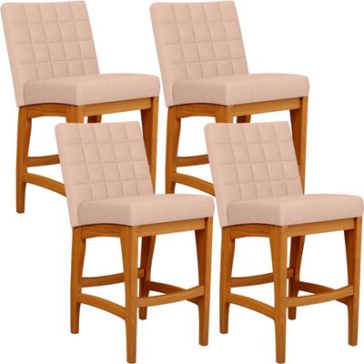 Kit 04 Banquetas Baixa Para Cozinha Bancada Bar Sala Jantar Fixa Mila L02 Linho Rosê - Lyam Decor