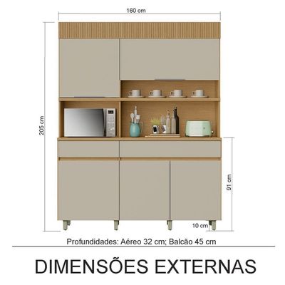 Cozinha Compacta Nesher Realeza com 5 Portas, 2 Gavetas e 2 Prateleiras 160cm de largura Bege