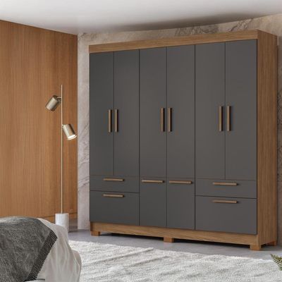 Guarda-Roupa Casal Santos Andirá Curitiba com 8 Portas, 4 Gavetas e 5 Prateleiras 194,4cm de largura Jatobá com Grafite