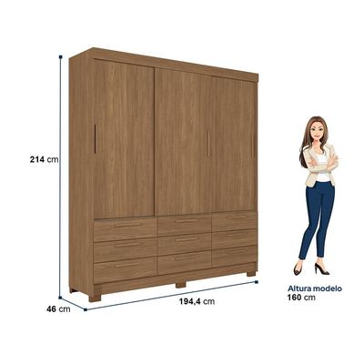 Guarda-Roupa Casal Santos Andirá Morretes com 3 Portas de Correr, 9 Gavetas e 4 Prateleiras 194,4cm de largura Jatobá