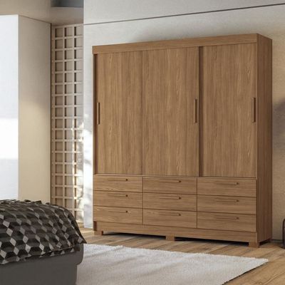 Guarda-Roupa Casal Santos Andirá Morretes com 3 Portas de Correr, 9 Gavetas e 4 Prateleiras 194,4cm de largura Jatobá