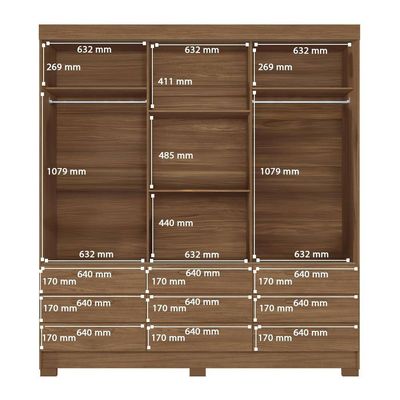 Guarda-Roupa Casal Santos Andirá Morretes com 3 Portas de Correr, 9 Gavetas e 4 Prateleiras 194,4cm de largura Jatobá