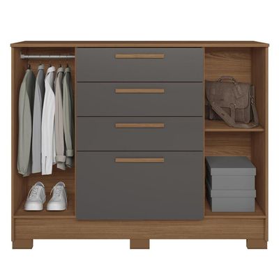 Cômoda Santos Andirá Pinhais com 2 Portas, 4 Gavetas, 1 Prateleira, 1 Cabideiro 130,2cm de largura Jatobá com Grafite
