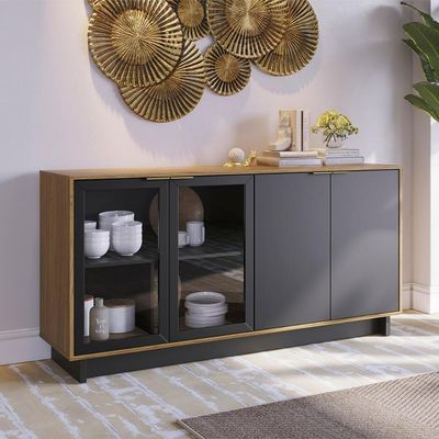 Aparador Buffet Vitoria 2 Portas Mdp 2 Vidro E Prateleiras Noce Milano-preto Fosco Noce Milano-preto Fosco
