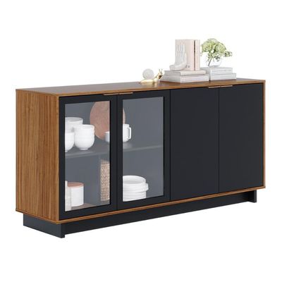 Aparador Buffet Vitoria 2 Portas Mdp 2 Vidro E Prateleiras Noce Milano-preto Fosco Noce Milano-preto Fosco