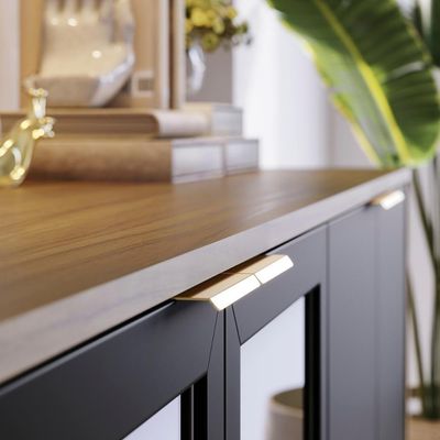 Aparador Buffet Vitoria 2 Portas Mdp 2 Vidro E Prateleiras Noce Milano-preto Fosco Noce Milano-preto Fosco