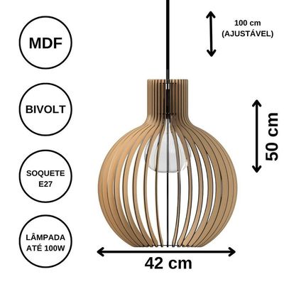 Luminária Teto Tipo Pendente Cúpula Mdf - Completa Cor: Marrom