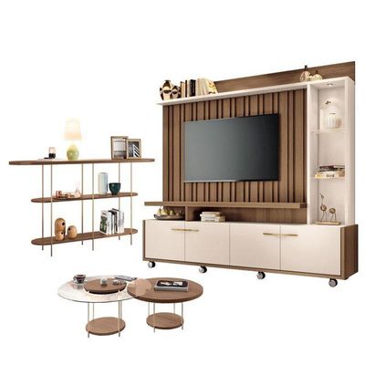 Estante Home Theater Titan Off White Castanho E Aparador Infinity E Kit Mesa De Centro Sky Castanho - Hb Móveis